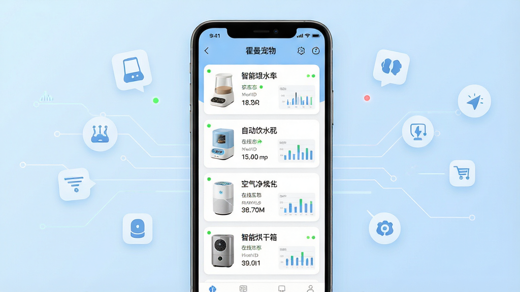 һ��չʾ���������APP�豸���������ͼƬ������������һ�������ֻ�����Ļ��ʾAPP���豸�б�ҳ�棬�б��а�������ιʳ�����Զ���ˮ�������������������ܺ������豸��Ƭ��ÿ�ſ�Ƭ����ʾ�豸���ơ�����״̬�͹ؼ����ݡ�����Ϊ�ֻ����У�����Ϊ����ɫ���䣬��ΧƯ���ż�Լ�ĿƼ�������ͼ�ꡣ���Ϊ��ƽ��UI��ƣ�ϸ�ڰ���Բ�ǿ�Ƭ��״ָ̬ʾ�ơ�����ͼ��΢��ͼ�����ʸ��壬�ɾ���࣬�޶���Ԫ�ء�