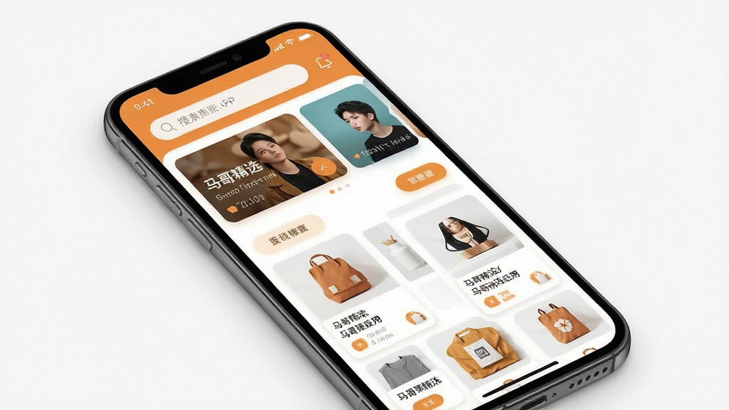 一张展示马哥精选应用界面的手机模型图,主体为一部竖屏智能手机,屏幕中显示马哥精选APP首页,布局包含顶部搜索栏、中部轮播图与下方商品瀑布流,排版整洁有序,风格为现代扁平化UI设计,细节上商品图片清晰、按钮圆润、色彩以暖橙与白色为主,画质高清,干净,无多余元素。