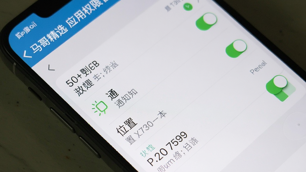 一张手机屏幕显示马哥精选应用权限管理界面的图片,主体为设置页面中的权限开关列表,布局为纵向排列,风格为系统原生UI,细节包括存储、通知、位置等权限项,画质清晰,干净,无多余元素。