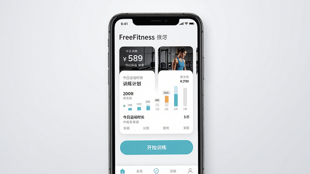 һ��չʾFreeFitness����Ӧ����������ֻ�����ͼ������������һ�����������ֻ�����Ļ����ʾӦ����ҳ������ѵ���ƻ���Ƭ�������˶�ʱ��ͳ�ƺͿ�ʼѵ����ť������Ϊǳ�ҽ��䣬������ִ���ϸ�����������ʸɾ����޶���Ԫ��