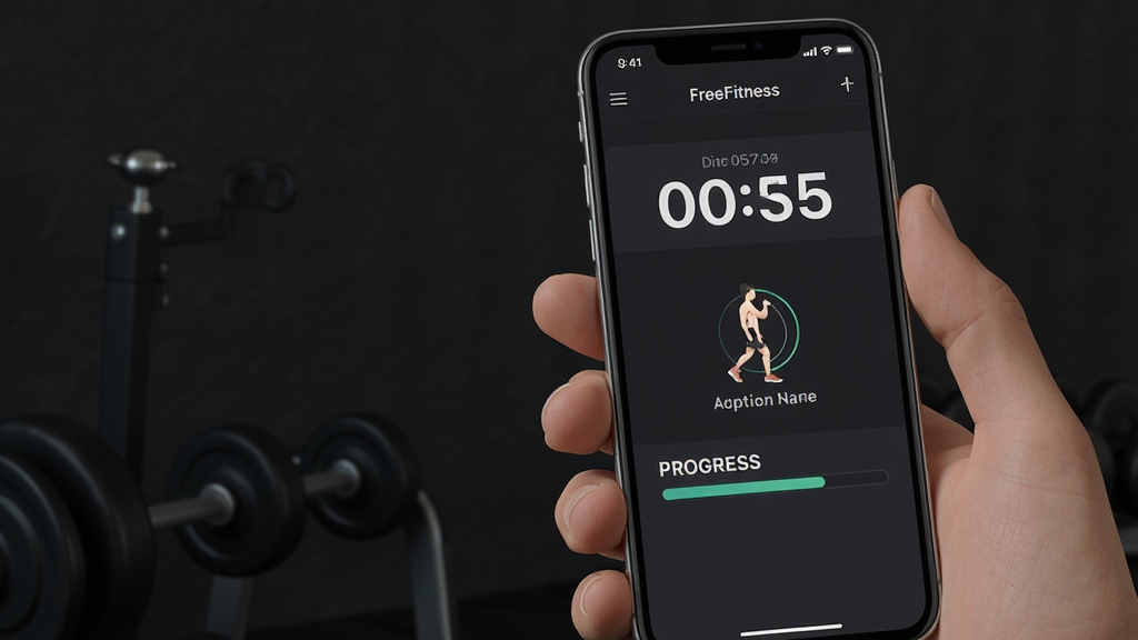 һ��չʾFreeFitness����ѵ�������е��ֻ�����ͼ���������ֻ���Ļ��ʾ����ʱ���������ƺͽ�����������Ϊ��ɫ�����רע��ϸ�����������ʸɾ����޶���Ԫ��