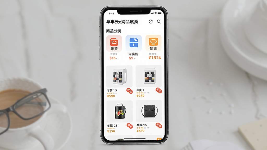 华丰云e购商品分类页面展示,画面主体为手机界面,展示多个商品分类图标与商品列表,布局为纵向排列,排版清晰整齐,风格为简约电商风,细节包括分类图标、商品缩略图、价格标签,画质清晰,干净,无多余元素