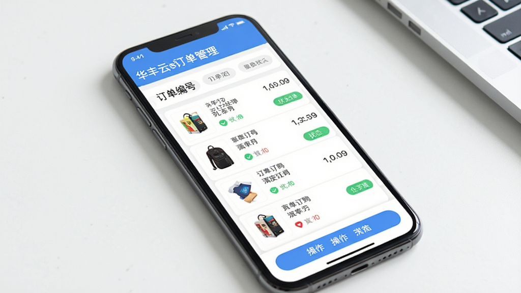 华丰云e购订单管理界面展示,画面主体为手机屏幕,屏幕内显示订单列表与状态标签,布局为纵向列表,排版规范,风格为清爽实用风,细节包括订单编号、商品图片、状态文字、操作按钮,画质清晰,干净,无多余元素