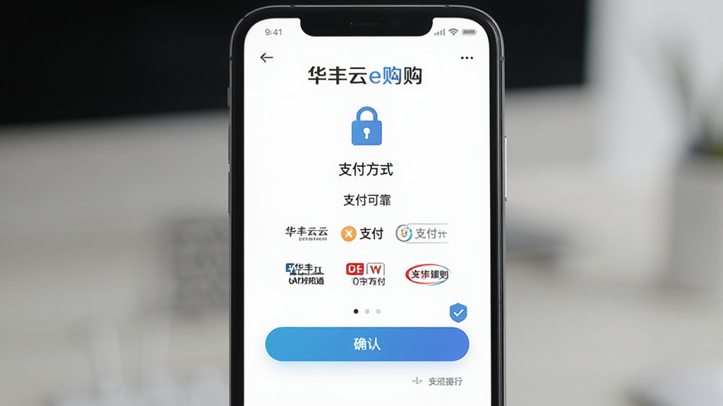 华丰云e购安全支付界面展示,画面主体为手机屏幕,屏幕内显示支付方式选择与安全提示标识,布局居中,排版简洁,风格为安全可靠风,细节包括锁形图标、支付渠道标志、确认按钮,画质清晰,干净,无多余元素