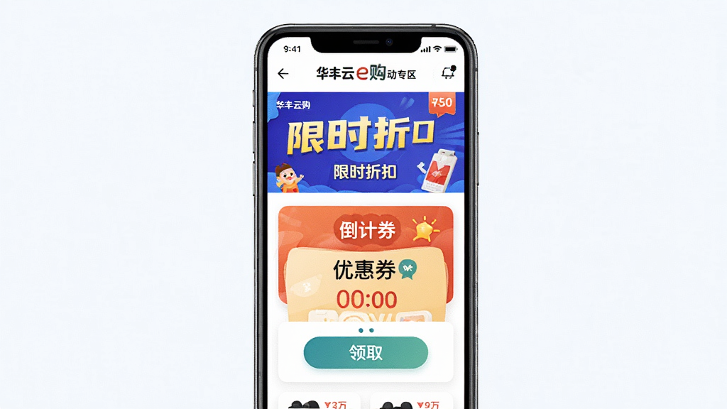 华丰云e购优惠活动专区展示,画面主体为手机界面,屏幕内显示限时折扣横幅与优惠券领取入口,布局为卡片式排列,排版活泼,风格为促销活动风,细节包括折扣标签、倒计时、领取按钮,画质清晰,干净,无多余元素