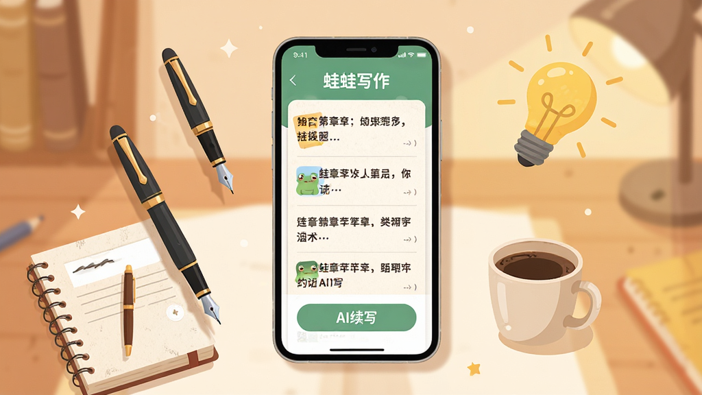 画面中央放置一部智能手机,屏幕上显示“蛙蛙写作”应用界面,界面中有小说章节列表和AI续写按钮,手机周围环绕漂浮的钢笔、笔记本、咖啡杯和发光灵感灯泡,背景为柔和暖色调书桌场景,布局采用中心对称构图,风格为扁平化插画,细节包括纸张纹理和柔和阴影,画质清晰干净,无多余元素