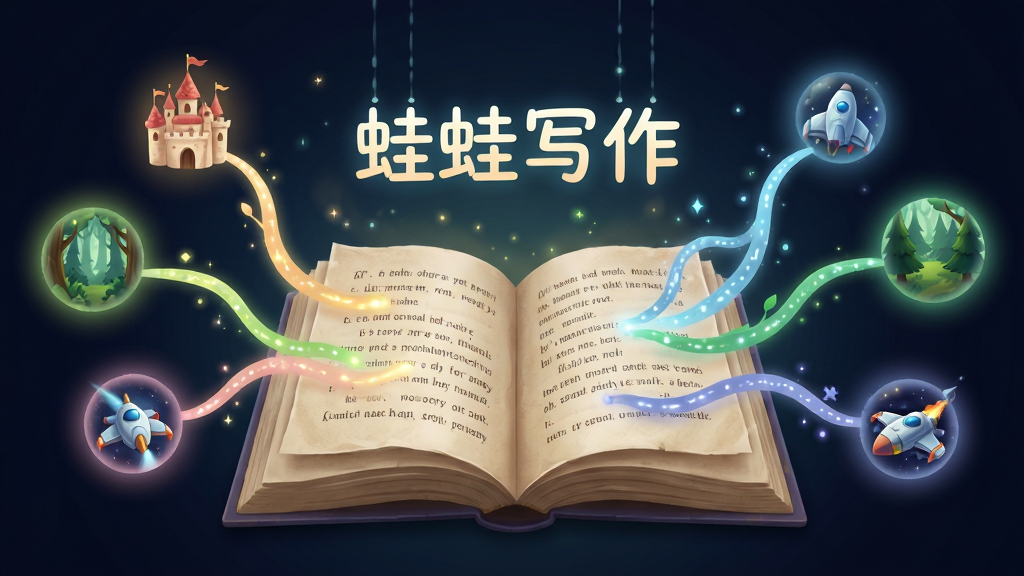 画面展示一本打开的书,书页上文字自动延伸出多条发光的故事分支线,每条分支末端连接着不同场景的小图标,如城堡、森林、飞船,书本上方悬浮“蛙蛙写作”四个字,布局为书本居中、分支向两侧展开,风格为奇幻数字插画,细节包括柔和光晕和纸张质感,画质高清,干净无杂乱元素