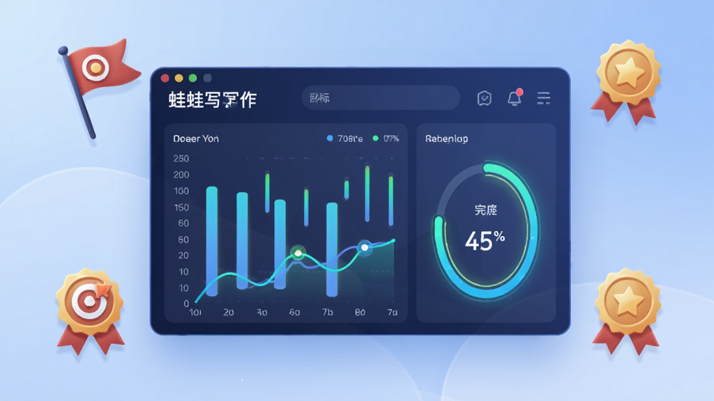 画面中央是一块数据仪表盘,上面显示“蛙蛙写作”的码字统计图表,包括柱状图、折线图和完成度圆环,仪表盘周围有目标旗帜和成就徽章图标,背景为柔和的渐变蓝色,布局为居中展示,风格为现代UI插画,细节包括数字刻度和发光进度条,画质干净,无杂乱元素