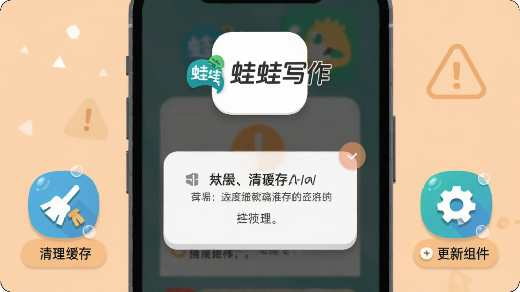 画面展示一部手机屏幕出现错误提示弹窗,旁边有清理缓存和更新组件的图标按钮,手机上方悬浮“蛙蛙写作”标志,背景为浅橙色警示色调,布局为手机居中、按钮环绕,风格为扁平化教程插画,细节包括弹窗阴影和图标高光,画质清晰,干净无多余元素