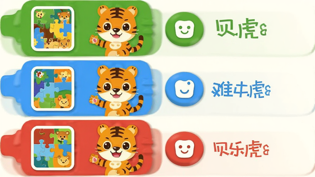 贝乐虎拼图难度选择界面,画面中央展示三个不同难度的拼图示例,分别用绿色、蓝色、红色标签区分,主体为卡通老虎站在难度选项旁边,布局为垂直排列三行,排版上每行左侧为拼图缩略图右侧为难度文字,风格为扁平化儿童UI风格,细节包括圆角按钮、柔和阴影、卡通图标,画质清晰干净无多余元素。