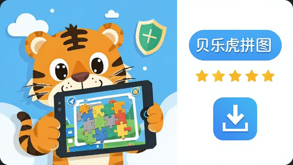 贝乐虎拼图应用商店下载页面截图风格插画,画面主体为一只卡通老虎手持平板电脑展示拼图游戏,主体位于画面左侧,右侧为下载按钮和星级评分元素,布局为左右分栏,排版上突出贝乐虎拼图文字和下载图标,风格为扁平化科技插画,细节包括云朵背景、盾牌安全标识、五角星,画质清晰干净无多余元素。