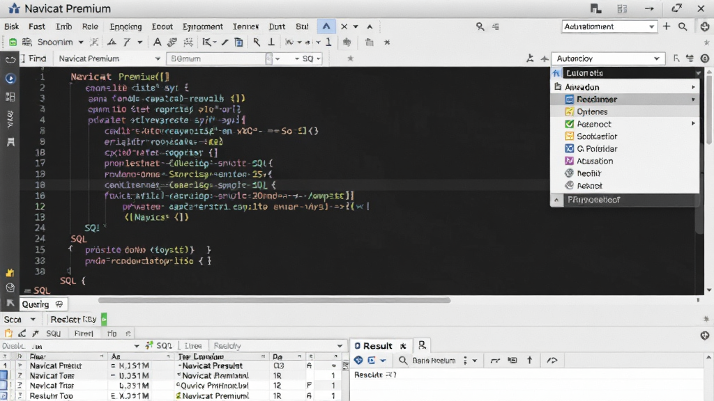 һ��չʾ Navicat Premium SQL �༭���������дͼ����������ʾ��ɫ������ SQL ���룬�Ҳ����Զ���ȫ�����˵����ײ��в�ѯ����������岼�����������רҵ�����ʸ���ɾ����������� 
