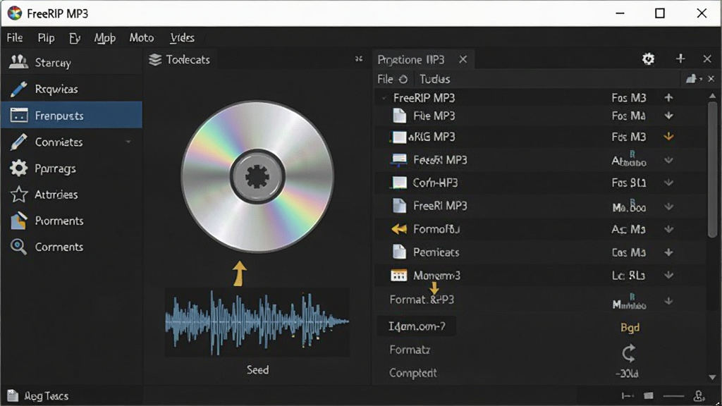һ��չʾ FreeRIP MP3 �����������ͼƬ������Ϊ��������λ�ڻ������룬��������չʾ�����˵�������๦�ܵ������Ҳ��ļ��б������Ű�����ִ���Լ���ϸ�ڰ���CD����ͼ�ꡢ��Ƶ����ʾ��ͼ�͸�ʽת����ͷ�����ʸ��塢�ɾ����޶���Ԫ�ء�