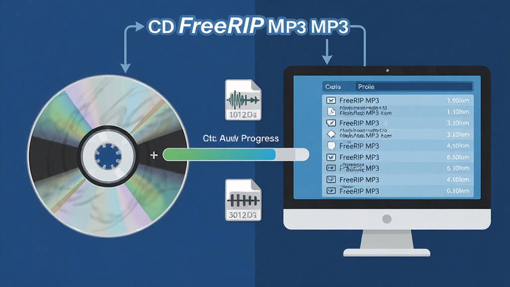 һ��չʾ FreeRIP MP3 ��CDץȡ������̵�ʾ��ͼ������ΪCD�����������Ļ֮����������������ֲ������ҶԱȽṹ���Ű�ͻ��ץȡ����������Ŀ�б������Ϊ�Ƽ��б�ƽ����ϸ�ڰ�������������������Ƶ���κ͸�ʽͼ�꣬���ʸ��塢�ɾ����޶���Ԫ�ء�