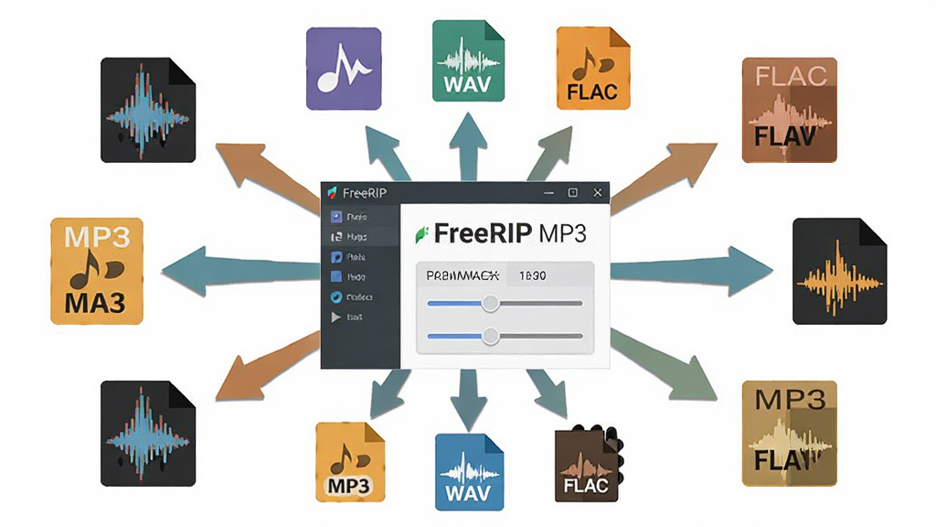 һ��չʾ FreeRIP MP3 ��Ƶ��ʽת�����ܵ�ʾ��ͼ������Ϊ������Ƶ��ʽͼ��Χ�������������У����ֲ������ķ���״���Ű�ͻ����ʽת����ͷ�Ͳ������ڻ��飬���Ϊ��������ı�ƽ��ƣ�ϸ�ڰ���MP3��WAV��FLAC�ȸ�ʽ��ʶ�����ʲ��ζԱȣ����ʸ��塢�ɾ����޶���Ԫ�ء�