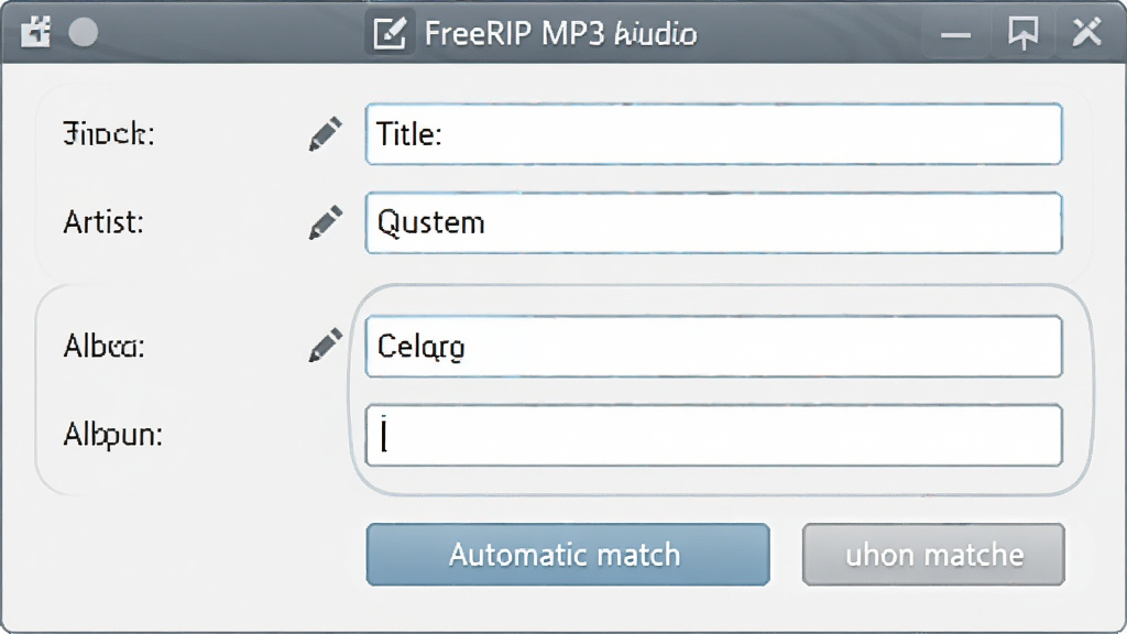 һ��չʾ FreeRIP MP3 ��Ƶ��ǩ�༭�����ʾ��ͼ������Ϊ��ǩ��Ϣ��д���λ�ڻ������룬��������չʾ���⡢�����ҡ�ר�����ֶ�������Ű���ñ���ʽ�ṹ�����Ϊ�������ϸ�ڰ����༭��ͼ����Զ�ƥ�䰴ť�����ʸ��塢�ɾ����޶���Ԫ�ء�