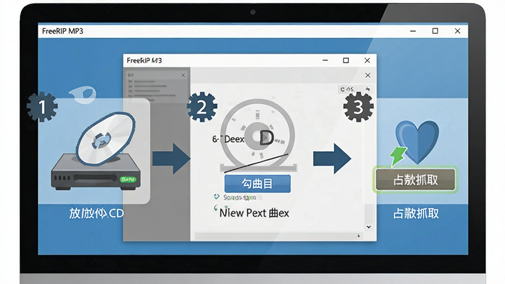 һ��չʾ FreeRIP MP3 ���ֲ��������ʾ��ͼ������Ϊ������Ļ��ʾ�����������棬���ֲ��÷ֲ�ָ����ʽ���Ű�ͻ����������CD����ѡ��Ŀ�����ץȡ�����ؼ����裬���Ϊͼ�Ľ̳�ʽ��ƽ��ƣ�ϸ�ڰ���������š���ͷָʾ�Ͳ�����ť���������ʸ��塢�ɾ����޶���Ԫ�ء�