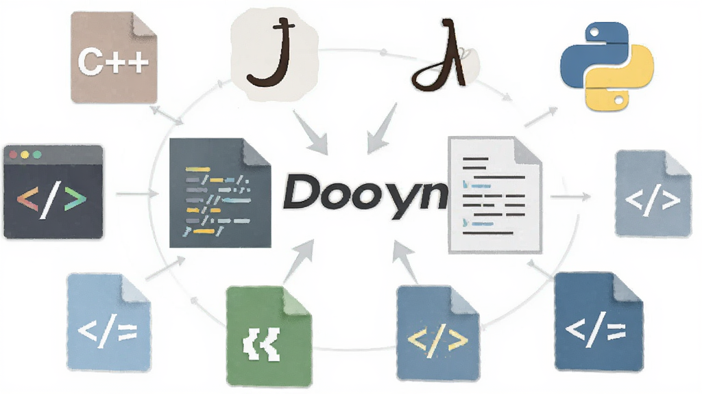 һ��չʾ Doxygen �����Խ���������ʾ��ͼ������Ϊ����������ͼ��Χ�� Doxygen ��־���У��м��Ǵ����ļ����ĵ�ҳ���ת����ͷ�����ֲ������ķ���ʽ��ͼ���Ű潫 C++��Java��Python ��ͼ���ɢ�����ܣ����Ϊ��ƽ���Ƽ��в廭��ϸ�ڰ��������Ĵ�����ź��ĵ�ͼ�ꣻ���ʸ��壬����ɾ����޶���Ԫ�ء�