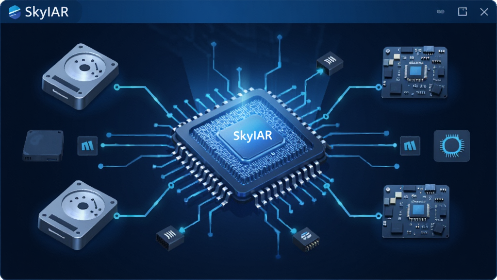 һ��չʾ SkyIAR ��������ƥ�书�ܵ�ͼƬ����������������������ʾһ�������оƬͼ�꣬��Χ���������������Ŵ��̺�����ͼ�꣬����Ϊ����״�ṹ���Ű�ͻ������ƥ����̣����Ϊ�Ƽ�������ϸ�ڰ���оƬ�����������ߡ�С��Ӳ����ʶ�������������ɾ����޶���Ԫ��
