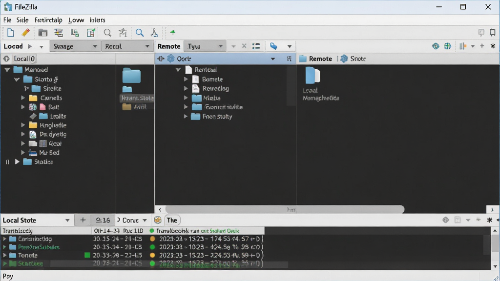 FileZilla��������ȫòԤ��ͼ��������һ������Ĵ��ڻ��������棬���ַ�Ϊ�����˵�����������౾��վ��Ŀ¼�����Ҳ�Զ��վ��Ŀ¼�����ײ����������״̬��־���Ű�����չʾ˫���ļ������ṹ�����Ϊ�ִ���Լ�ı�ƽ����ƣ�ϸ�ڰ����ļ���ͼ�ꡢ�ļ�����ͼ�ꡢ����״ָ̬ʾ�ơ����ʸ��壬����ɾ����޶���Ԫ�أ��ʺ���Ϊ����������ͼ��