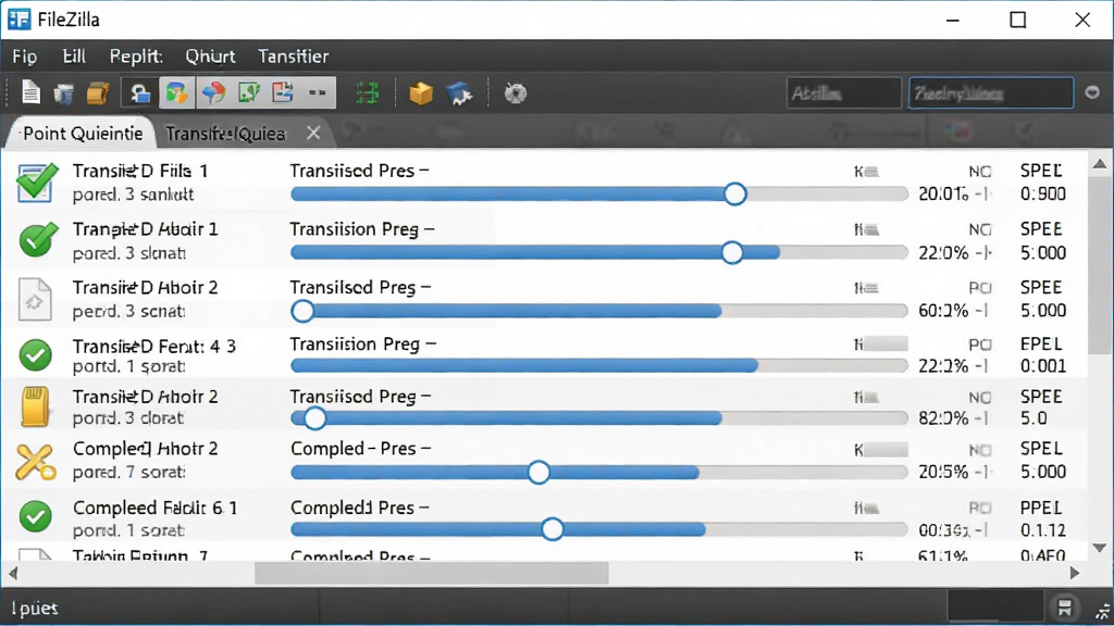 FileZilla����ִ�ж��ļ��ϵ���������й�������Ľ����ͼ�����������������ڣ��ص�ͻ���ײ��Ĵ������������ʾ����ļ������Ŷӡ������С������״̬�����н��������ٶ�ָʾ�������Զ����б�Ϊ���ġ����Ϊ�Ƽ���дʵ�磬ϸ�ڰ�����ɫ��ɹ�ѡ����ɫ����������ɫ�ȴ�ͼ�ꡣ��������������ɾ����޶���Ԫ�أ�����������Ч����������