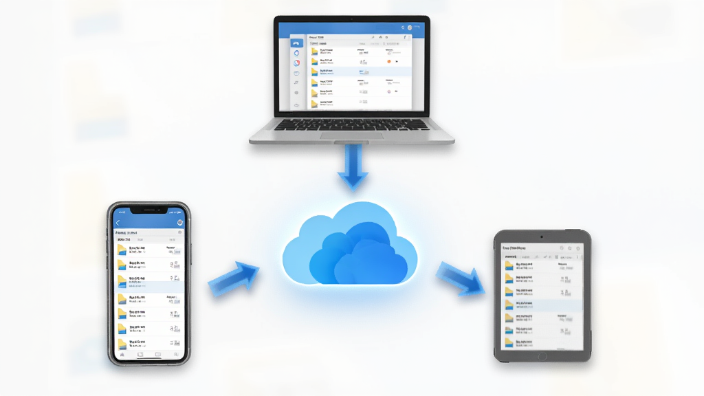 Microsoft OneDrive ���豸ͬ��ʾ��ͼ������Ϊһ���ֻ���һ̨�ʼǱ���һ̨ƽ��Χ����һ��������ƶ�ͼ�꣬���ֳ������η���״���Ű���У����Ϊ���� 3D ��Ⱦ�Ƽ��磬ϸ�ڰ����豸��Ļ��ʾ��ͬ���ļ��б�����ɫͬ����ͷ�������Ӱ�����ʸ��壬�ɾ����޶���Ԫ��