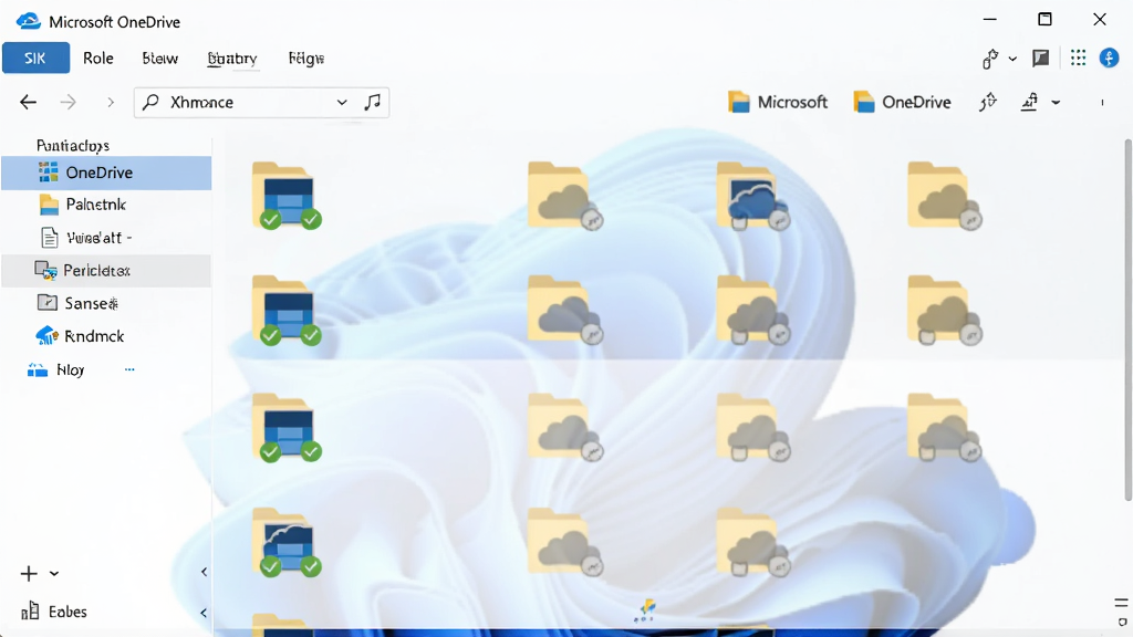 Microsoft OneDrive �ļ���ѡ���ܽ��棬����չʾһ���ļ����в����ļ�������ɫ��ѡͼ�꣬���ִ����ƶ�ͼ�꣬����Ϊ�ļ���Դ���������ڣ��Ű����룬���Ϊ Windows 11 ԭ��������ϸ�ڰ���״̬��ͼ�ꡢ��ɫ����ѡ������ʸ��壬�ɾ����޶���Ԫ��