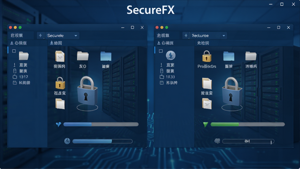 �������ơ�SecureFX��������ʾ������Ϊ����ɫ����רҵ�����������棬���ֲ�������˫�����ļ���������ʽ���Ű�����Գƣ����Ϊ�ִ��Ƽ�����磬ϸ�ڰ���������ͼ�ꡢ���������ܱ�������������������ʸ��壬�ɾ����޶���Ԫ��