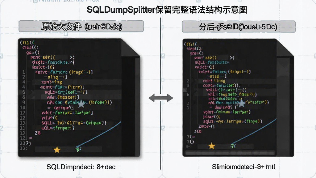 SQLDumpSplitter���������﷨�ṹʾ��ͼ������Ϊ����SQL�ļ��Ա�չʾ�����ԭʼ���ļ��Ҳ��ֺ��С�ļ�������Ϊ���Ҷ��գ��Ű����������Ϊ�����ĵ����ϸ�ڰ���SQL����������﷨�ؼ�����ɫ���ļ���С�Աȱ�ע�����ʸ��壬�ɾ����޶���Ԫ��