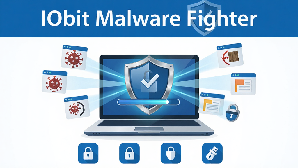 �������ơ�IObit Malware Fighter��������ʾ�ڻ����Ϸ�������Ϊһ̨�򿪵ıʼǱ����ԣ���Ļ�г��ֶ���ͼ����ɨ�����������Χ���Ʋ�����ľ������浯���ȳ���Сͼ�걻���ƹ�â��ɢ�����ֲ������ĶԳ�ʽ��ͼ���Ϸ����ֱ��⣬�в����壬�·�����ͼ�����С����Ϊ�ִ���ƽ���Ƽ��磬��ɫ���ɫΪ��ɫ����ϸ�ڰ������Ʊ���Ľ����ʸС�ɨ����ߡ�����ͼ�ꡢU��ͼ�ꡣ���������ɾ����޶���Ԫ�أ�4K�ֱ��ʡ�