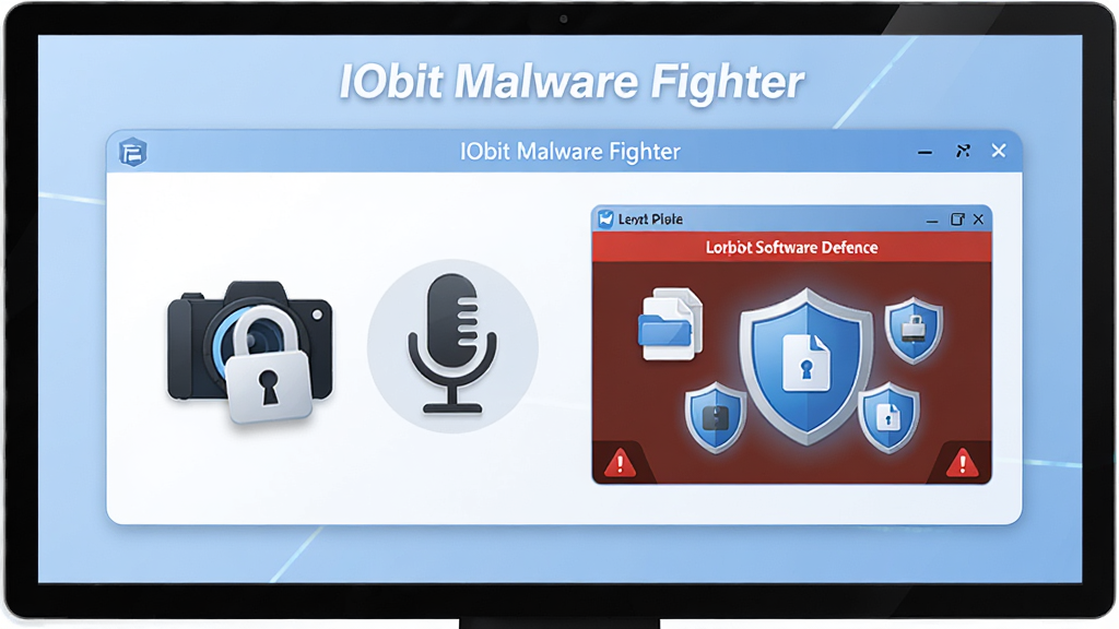 ��������Ϊһ̨������ʾ������Ļ����ʾ��IObit Malware Fighter������˽������壬���Ϊ����ͷ����˷�ͼ�걻���η��Ÿ��ǣ��Ҳ�Ϊ���������������棬��ʾ�ļ������Ʊ���������Ϊ���ҶԳƽṹ���Ϸ����������ơ�IObit Malware Fighter�������Ϊ��ͿƼ��磬ǳ��ɫ���ɫΪ����ϸ�ڰ�������ͼ�ꡢ�ļ�ͼ�ꡢ���ơ���ɫ�����ǡ����ʸ���ɾ����޶���Ԫ�أ�2K�ֱ��ʡ�