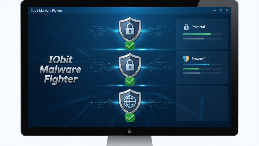 ����������һ̨������Ļ����Ļ����ʾ��IObit Malware Fighter��������������棬�ֱ�Ϊ�ļ����ơ�������ơ��������������ͼ���������У�ÿ�������·�����ɫ�Թ���ǡ�����Ϊ��ֱ�ֲ�ṹ�����Ϊ�������ơ�IObit Malware Fighter�����Ҳ�Ϊ����״̬��塣���Ϊ�������Ƽ��磬����ɫ����������ɫ�߹⡣ϸ�ڰ�����������������������������ͼ�ꡢ��������ͼ�ꡣ���ʸ���ɾ����޶���Ԫ�أ�2K�ֱ��ʡ�