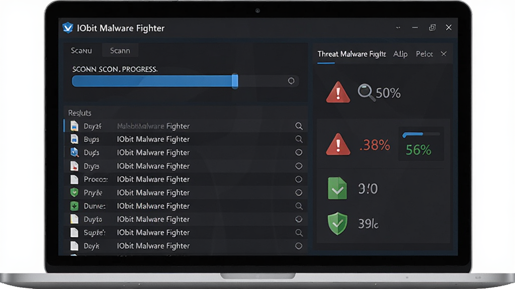 ��������Ϊһ̨�ʼǱ����ԣ���Ļ����ʾ��IObit Malware Fighter����ɨ����棬���Ϊɨ����������ļ�·�������б����Ҳ�Ϊ��в�������壬��ʾ��ɫ����ͼ�����ɫ��ȫͼ�ꡣ����Ϊ���ҷ���ʽ���Ϸ����������ơ�IObit Malware Fighter�������Ϊ�ִ���ƽ����ƣ���ɫ��������ɫ��������ϸ�ڰ����ļ�ͼ�ꡢ�Ŵ󾵡����ơ����Ȱٷֱ����֡����������ɾ����޶���Ԫ�أ�2K�ֱ��ʡ�
