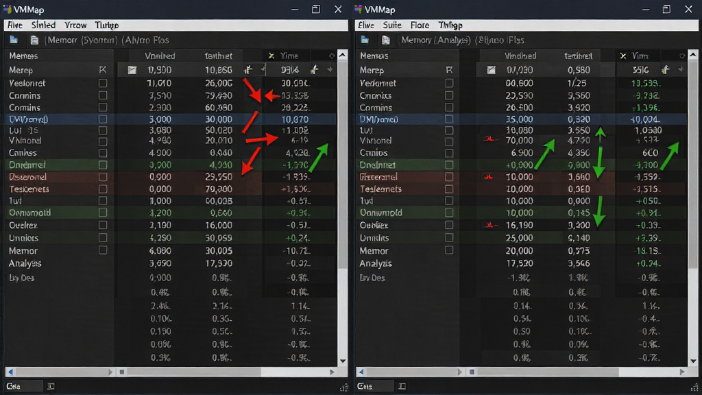 ��������VMMap������Ϊ�������ŵ��ڴ������壬����Ϊ���ҶԱ�ʽ���Ű����룬���Ϊרҵ���ݿ��ӻ����ϸ�ڰ�������и�����ʾ���������С���ɫ����ɫ��ͷ��ע���������ʸ��壬�ɾ����޶���Ԫ��