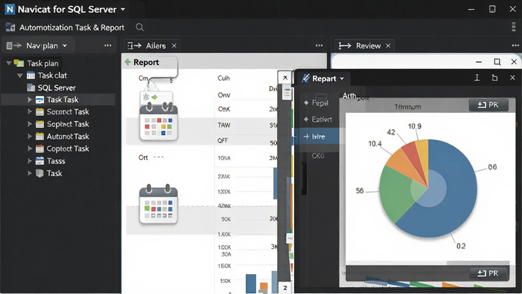 һ��չʾ Navicat for SQL Server �Զ��������뱨�������ͼƬ������������ƻ��б��뱨��Ԥ�����ڣ�����Ϊ������������Ҳ�ͼ��չʾ�����Ű����࣬���Ϊ���ݿ��ӻ����ϸ�ڰ�������ͼ�ꡢ��״ͼ����ͼ��������ť�����ʸ��壬����ɾ����޶���Ԫ�ء�