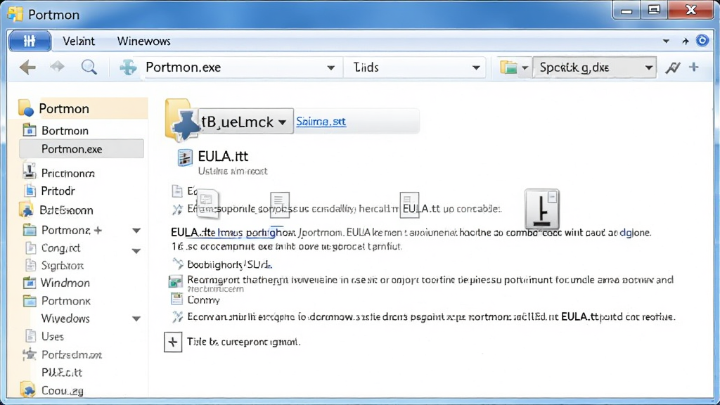 Portmon ��ѹ����ļ��н�ͼ����ʾ Portmon.exe ��ִ���ļ��Լ� EULA.txt ��˵���ļ����ļ��д��ڷ��Ϊ Windows ��Դ��������������ɫ���������� Portmon ��ʾ���ļ����ϣ������࣬�޶���Ԫ�أ����廭��