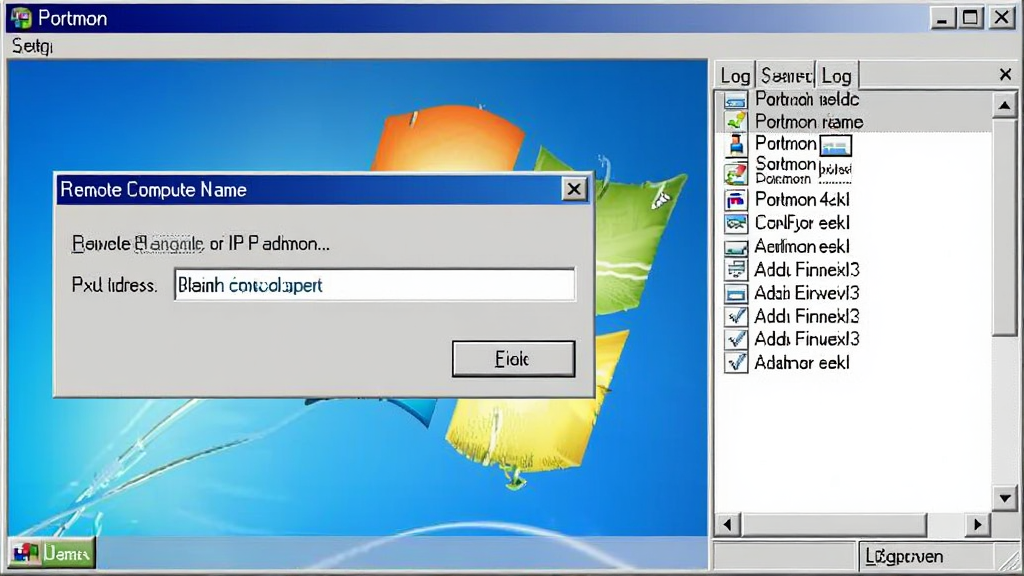 Portmon Զ���������ý��棬��ʾ����Զ�̼�������ƻ� IP ��ַ�ĶԻ��򣬱���Ϊ Windows ���䴰�ڣ��Ա����ѱ������־�ļ��б����������� Portmon �����ڱ�����������ɾ����޶���Ԫ�أ����廭��