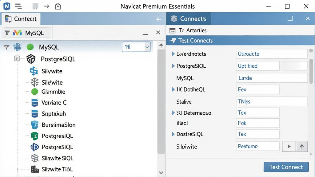 一张展示 Navicat Premium Essentials 多数据库连接管理界面的图片,画面左侧为连接树形列表,显示 MySQL、PostgreSQL、SQLite 等多个数据库图标与连接名称,右侧为连接属性配置面板,窗口标题为