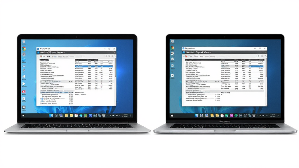 Navicat Report Viewer 跨平台运行示意,主体为并排展示的 Windows 笔记本与 MacBook 屏幕,屏幕中均显示相同的报表查看界面,布局左右对称,排版居中,风格为科技简约风,细节包括系统任务栏、窗口阴影、报表数据一致,画质高清,干净,无多余元素