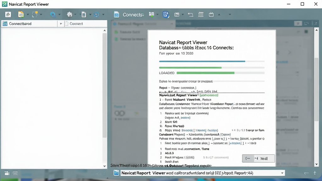 Navicat Report Viewer 免数据库连接查看报表,主体为软件启动界面与打开的报表文件,布局左侧为空白连接面板,右侧为已加载报表,排版清晰,风格为轻量工具风,细节包括无连接提示、报表加载进度条、文件路径栏,画质高清,干净,无多余元素