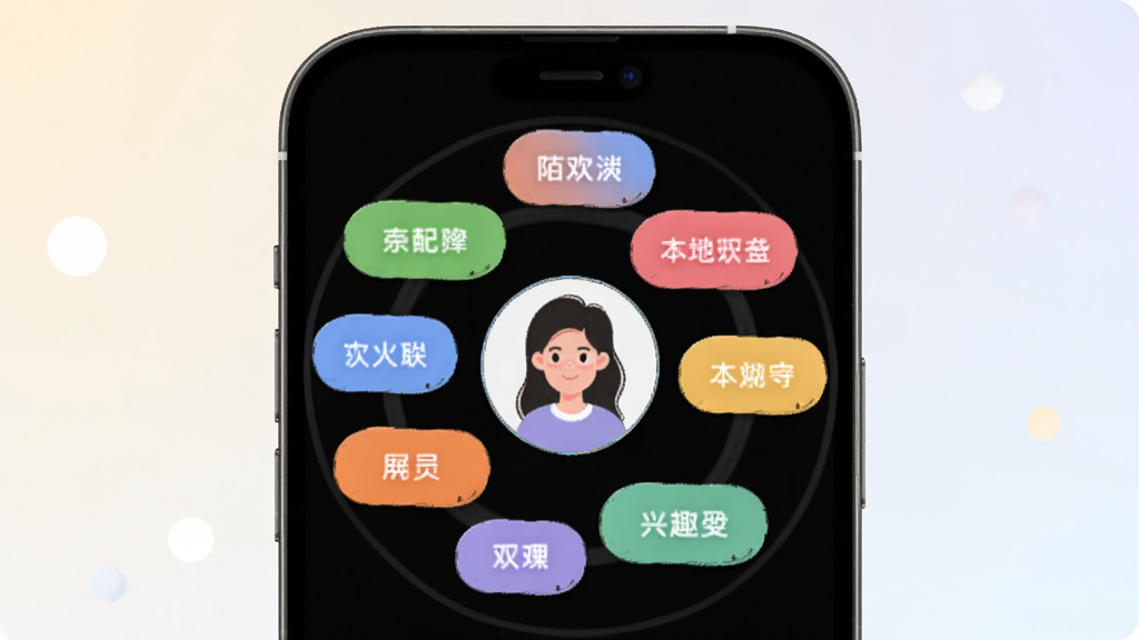 本地陌欢兴趣标签匹配功能示意图,画面展示手机屏幕内多个彩色兴趣标签环绕用户头像,标签以圆角矩形呈现,背景为柔和浅色,风格清新,画质干净无杂乱元素