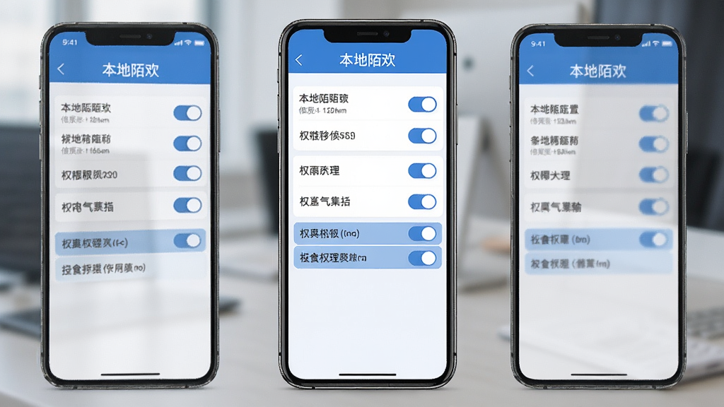 本地陌欢隐私设置页面预览图,手机屏幕显示多个开关选项与权限管理条目,界面以蓝白配色为主,布局整齐,风格简洁商务,画质清晰干净