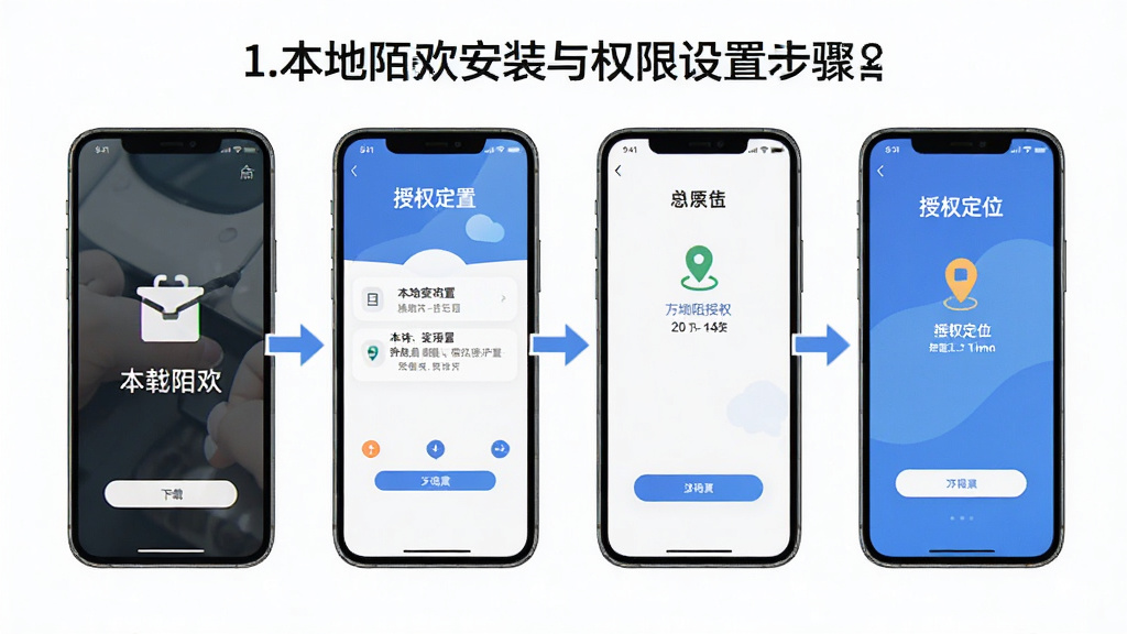 本地陌欢安装与权限设置步骤示意图,画面展示手机屏幕从下载到授权定位的连续操作界面,步骤清晰标注,风格简洁直观,画质干净
