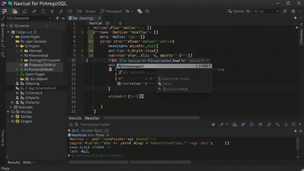 һ��չʾ Navicat for PostgreSQL SQL�༭����ͼƬ�������Ǵ���༭���ڣ�����Ϊ��������������м�SQL�������򣬵ײ���������塣���Ϊ��ɫ����ı�̽��棬ϸ�ڰ����﷨������ɫ���кš��Զ���ȫ���������ʸ��壬�ɾ����޶���Ԫ�ء�