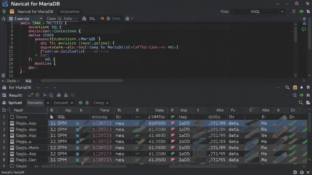 һ��չʾ Navicat for MariaDB SQL �༭�������������ͼƬ������Ϊ�������棬�ϰ벿���� SQL ����༭�����°벿���ǲ�ѯ������ݱ����������·������Ű���������Ϊ��ɫ�����̷磬ϸ�ڰ����������롢ִ�а�ť�������У����ʸ��壬����ɾ����޶���Ԫ�أ�ͼ�а������� 