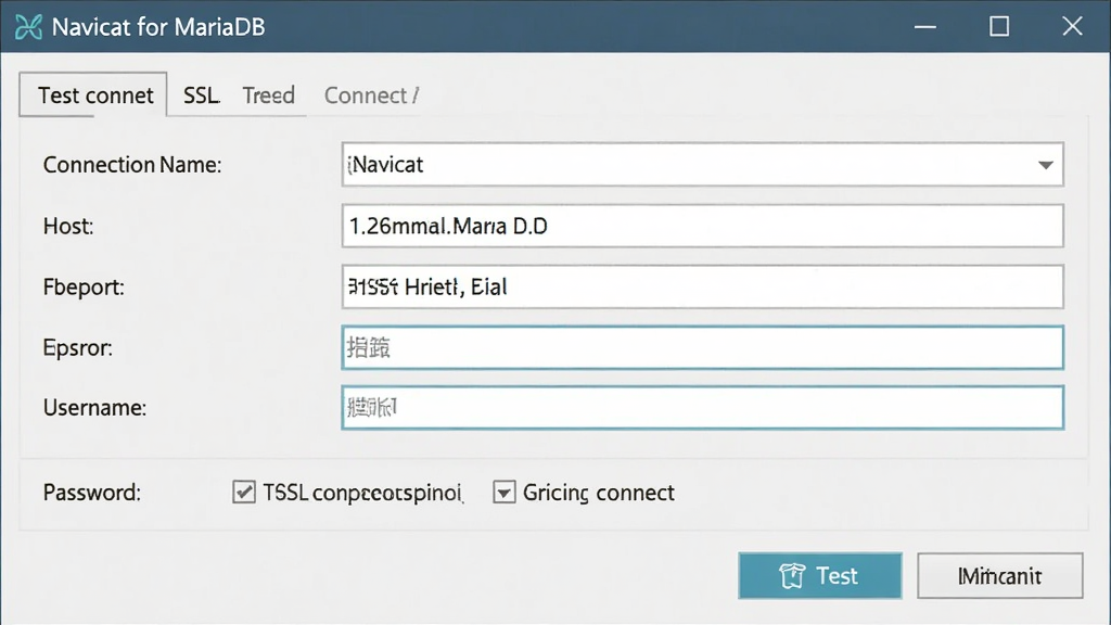 һ��չʾ Navicat for MariaDB �������ô��ڵ�ͼƬ������Ϊ�������ԶԻ��򣬲��ְ������������������˿ڡ��û���������������Ű����룬���Ϊ�������磬ϸ�ڰ����������Ӱ�ť��SSL ѡ������ʸ��壬����ɾ����޶���Ԫ�أ�ͼ�а������� 