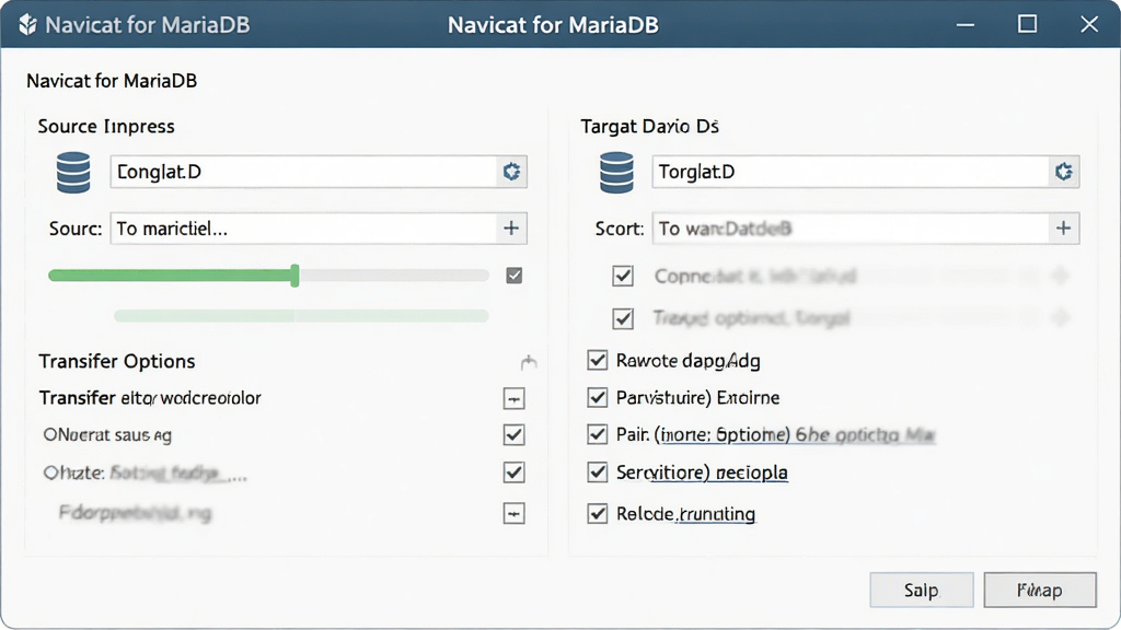 һ��չʾ Navicat for MariaDB ���ݴ����򵼽����ͼƬ������Ϊ�򵼶Ի��򣬲���չʾԴ����Ŀ���ѡ�񡢴���ѡ�����ã��Ű沽�����������Ϊ��๤�߷磬ϸ�ڰ������ݿ�ͼ�ꡢ��������ѡ�ѡ�򣬻��ʸ��壬����ɾ����޶���Ԫ�أ�ͼ�а������� 