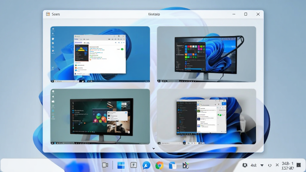 Desktops ����������������������ͼ��չʾ�ĸ�������������ͼ��ϵͳ���̵������������У�ÿ��������ʾ��ͬ���򴰿ڣ��������ִ���Windows 11��񣬸ɾ���ˬ���޶���Ԫ�أ����廭��