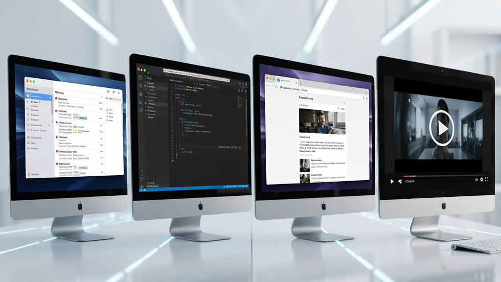 Desktops �����ĸ��������沢��չʾ��ÿ�������в�ͬӦ�ô��ڣ����ʼ��ͻ��ˡ�����༭�������������Ƶ�������������������򣬿Ƽ��з�񣬸��廭�ʣ��ɾ��޶���Ԫ��