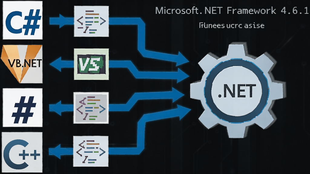 Microsoft.NET Framework 4.6.1 跨语言运行示意图,画面左侧排列 C#、VB.NET、F#、C++ 等语言图标,右侧汇聚到中央的 .NET 运行时齿轮上,布局为左右对称汇聚式,风格扁平化科技风,细节包含蓝色箭头流向与模块化代码块,画质高清,干净,无多余元素